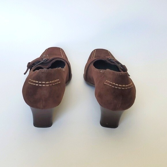 AEROSOLES BROWN SUEDE HEELS BUCKLE SQUARE TOE SIZE 8 CONTRAST STITCHING LOAFER - Picture 5 of 9
